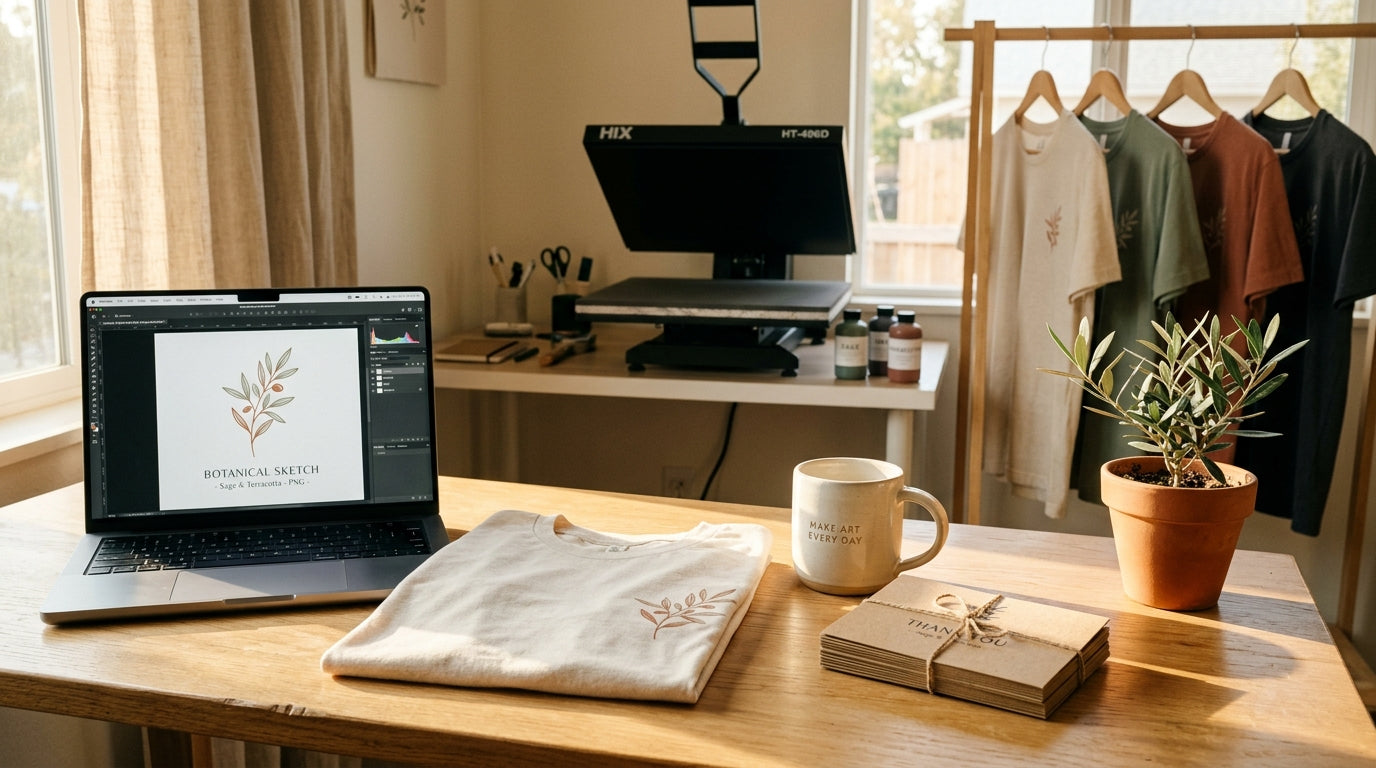 Premium boutique print business workspace with PNG design files, cream tee, ceramic mug, olive plant