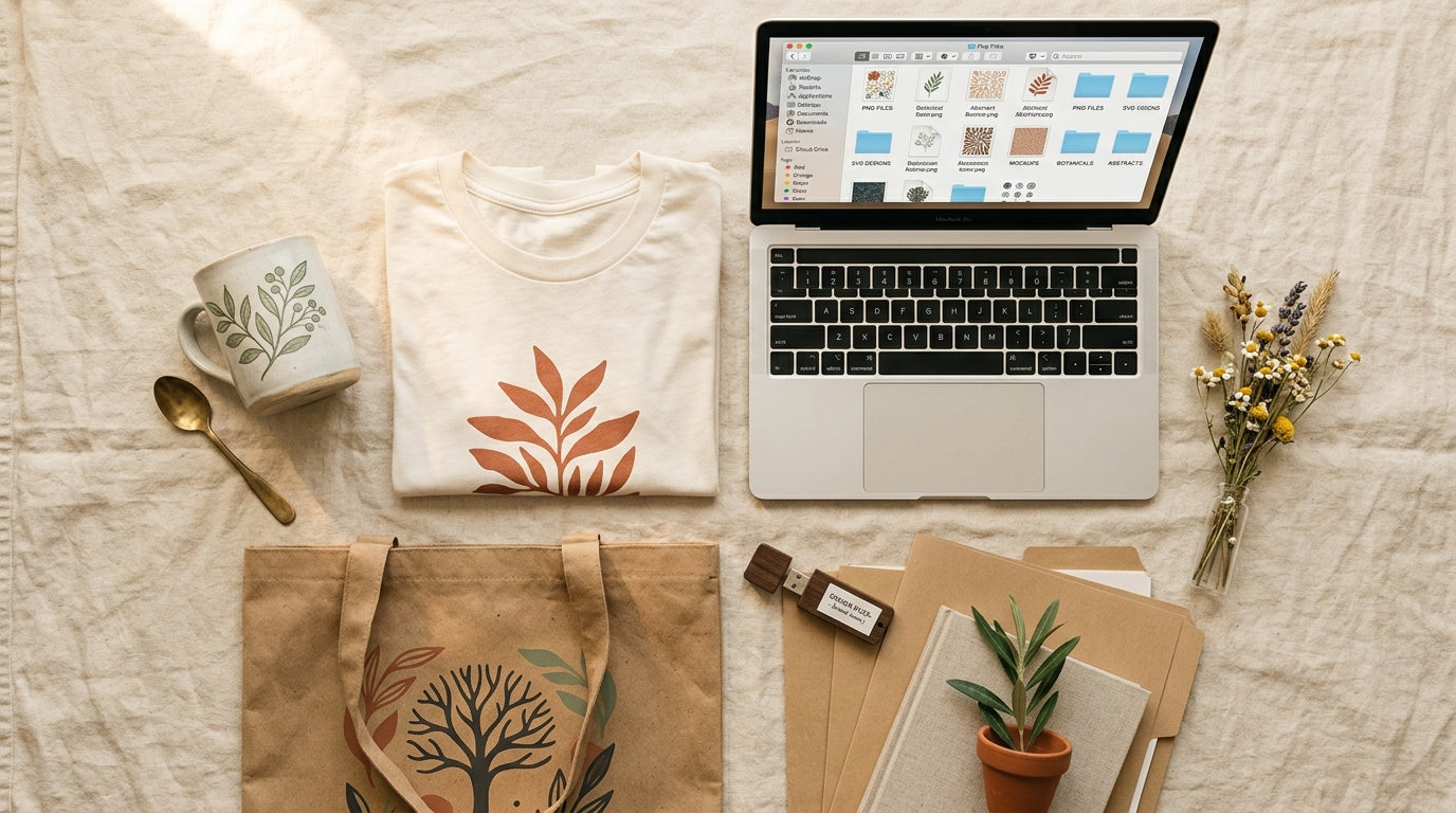 Premium flat lay of PNG design files, cream tee, kraft tote, ceramic mug, USB drive